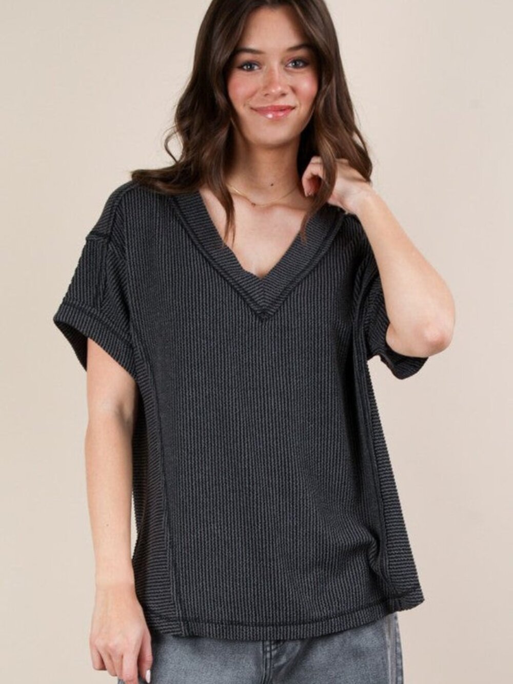 New’m Charcoal Ribbed V-Neck Top 🖤 | Oversized Slouchy Knit Tee (M)